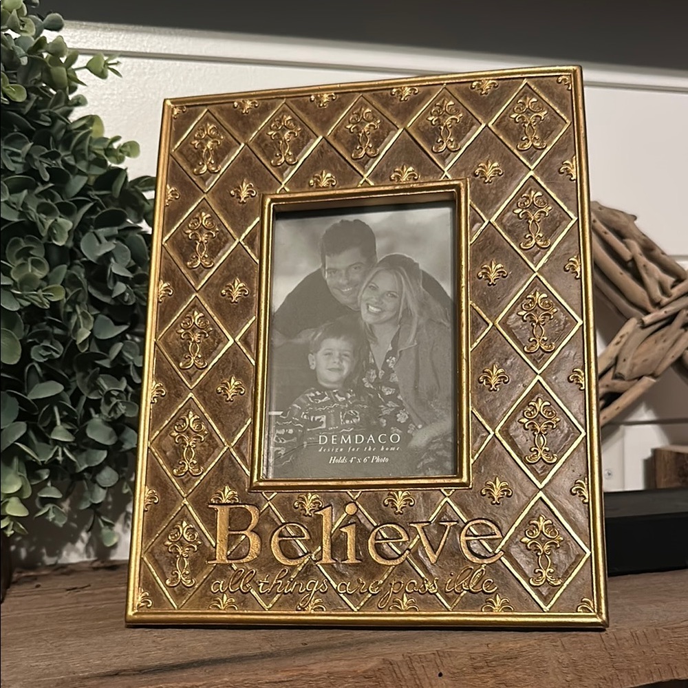Demdaco Gold and Brown Believe Picture Frame with Intricate Design, NWOT
